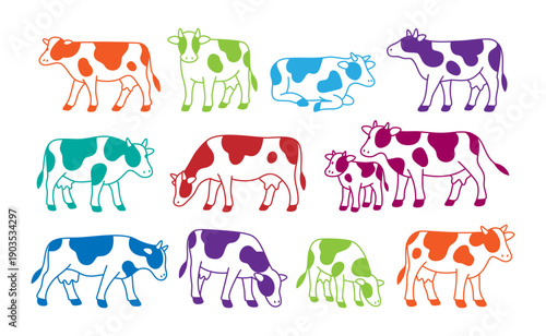 Colorful cow illustrations set. Dairy animals in colors for fun branding, kids products, and farm-themed packaging