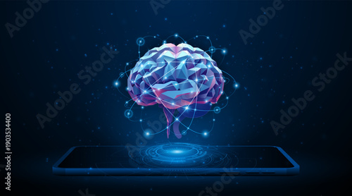 Artificial neural network or artificial intelligence brain on a tablet or smartphone. Digital brain science for future learning. modern technology innovation concept background