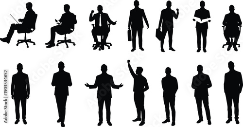 Silhouette businesspeople in various professional postures, standing and sitting, corporate communication, confidence, and teamwork concept for business theme