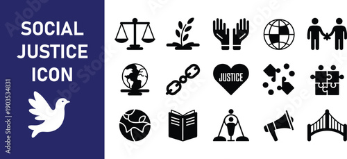 Social justice icons and human rights symbols, black vector set.
