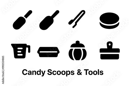 Candy Tool Icons. Candy Scoops & Tools. Filled icon set of Candy Scoops & Tools: scoop small, scoop large,
