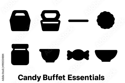 Candy Buffet Icons. Candy Buffet Essentials. Filled icon set of Candy Buffet Essentials: treat box closed,