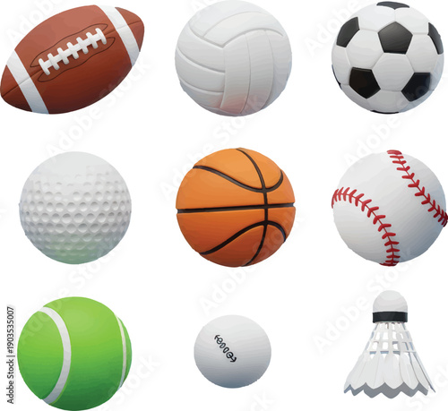 Diverse collection of popular athletic equipment and sports balls, including football, basketball, soccer, golf, and tennis, representing a wide range of competitive games and recreation activities