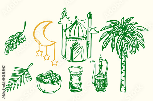 Ramadan Islamic Doodle Elements with Mosque, Dates, Crescent Moon Vector Set