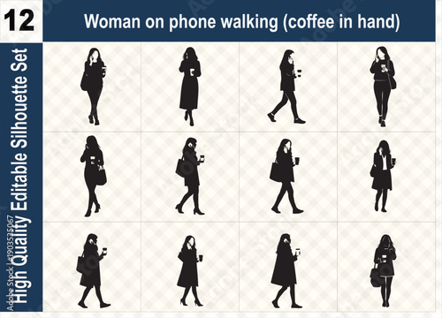 Silhouette set of a woman walking while talking on a phone and holding coffee, representing a busy lifestyle, urban commute, and modern multitasking.