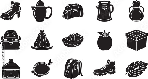 Collection of various everyday objects and travel accessories icons