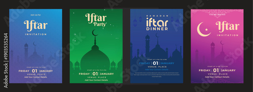 Set of ramadan kareem Iftar invitation, iftar party invitation, iftar dinner invitation background template. 
