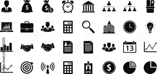 Business icon set, finance silhouette illustration, office management graphic pack, corporate design artwork, organizational chart vector, black and white symbols