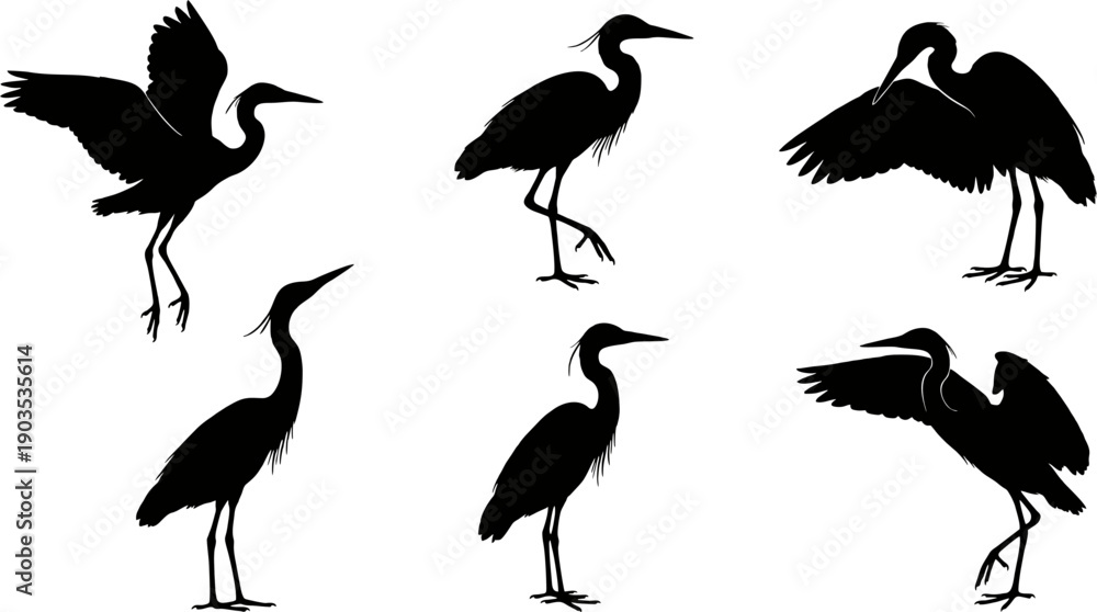 Naklejka premium Heron and crane bird silhouette set for wildlife and nature design 