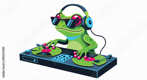 A green cartoon frog wearing sunglasses and headphones operates a DJ controller on a plain white background with a vibrant and playful mood.