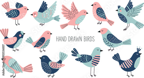 Cute hand drawn bird illustration set with colorful decorative birds in flat cartoon style for spring nature design and kids projects