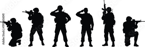 Soldier silhouettes, military icons, armed forces, rifles, salute, combat, defense, war, security, service