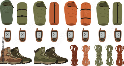 Camping gear illustration set, hiking equipment icon pack, outdoor adventure graphic, sleeping bag rope GPS boot artwork, colorful vector design