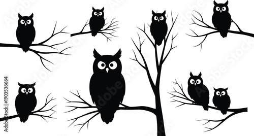 Black owl silhouette vector set featuring various nocturnal birds perched on bare tree branches for spooky Halloween decorations and mystical nature forest design elements.
