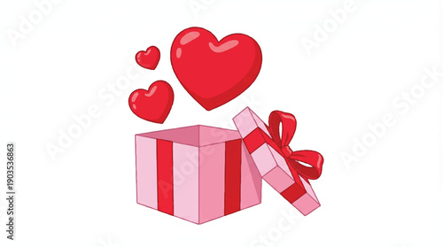 Pink gift box with red hearts and ribbon on white background
