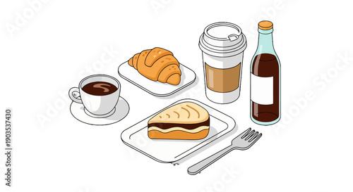 Crisp vector isometric breakfast and cafe items coffee cup croissant cake slice bottled drink.