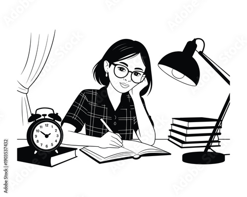 Young student wearing glasses diligently studying and writing in an open book at a desk with a lamp
