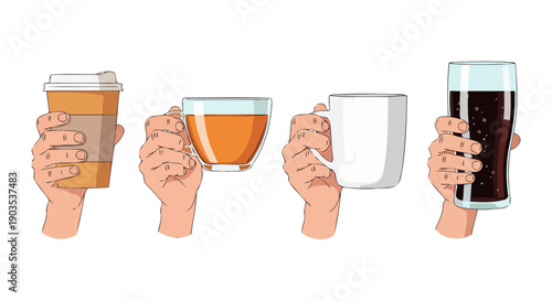 Diverse illustrated hands holding various beverages coffee cup clear tea glass white mug and tall soda glass.