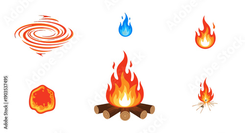 Diverse Vector Fire and Heat Elements Collection Campfire Flames Embers and Swirls.