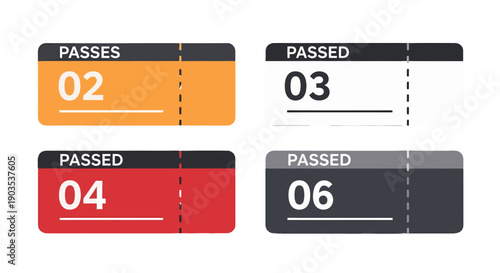 Four vibrant vector passes and tickets each featuring a number PASSED text and a perforated stub.