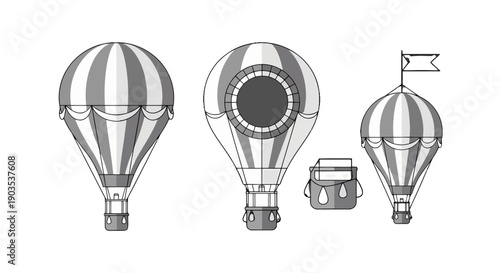Grayscale striped hot air balloons vector illustration set one with flag one with circular design and a separate basket.