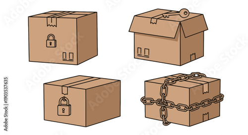 Handdrawn cardboard boxes with security symbols padlock key and chain illustrating secure storage and delivery.