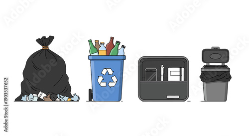 Illustrated waste management collection tied black trash bag blue recycling bin with bottles office waste unit lidded gray can.