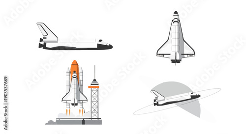 Illustrative Space Shuttle Collection Side Top Launch and Orbital Views in Clean Vector Style.
