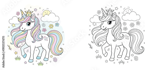 Cute Kawaii Unicorn Coloring Page and Colored Version for Kids, Fairy Tale Character Illustration with Rainbow Mane, Crown, and Magic Background for Children's Activity Book