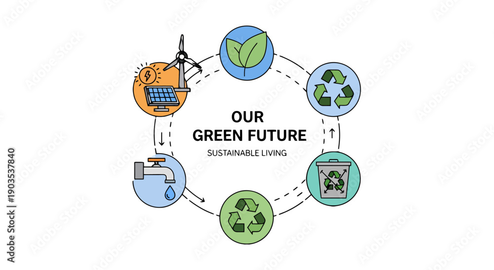 Fototapeta premium Vibrant circular sustainable living infographic with renewable energy recycling nature water conservation icons.