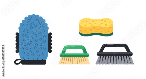 Vibrant flat illustration of household cleaning tools blue bath mitt porous yellow sponge two scrub brushes.