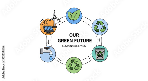 Vibrant circular sustainable living infographic with renewable energy recycling nature water conservation icons.