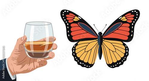 Vibrant flat illustration of a colorful butterfly with spread wings orange yellow and black patterns.
