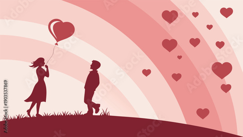 Silhouette Romance: Two figures celebrate love, a woman playfully offering a heart-shaped balloon to a man, against a background of gently curving rainbows and floating hearts.