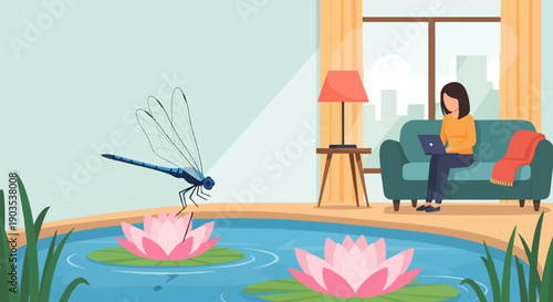 Woman works on laptop by a pond with a dragonfly and lotus flowers