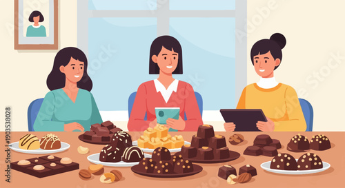 Women enjoying a variety of delicious chocolates and sweets at a table indoors