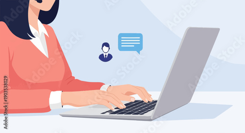 Woman's hands typing on laptop with chat bubble and user icon