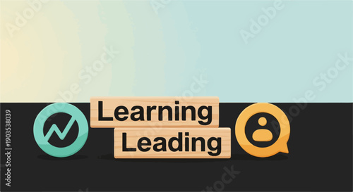 Wooden blocks spell out "Learning Leading" with icons representing growth and communication