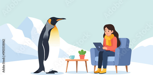 Woman in cozy armchair with laptop, penguin in snowy landscape