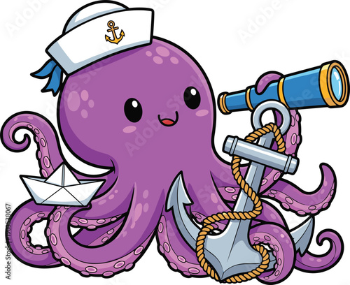 Cute purple cartoon octopus sailor character wearing a white captain hat holding a telescope and iron anchor isolated on white background