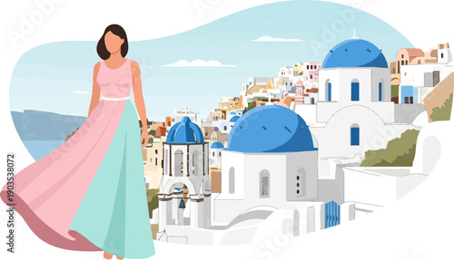 Woman in flowing dress poses before picturesque Greek island village