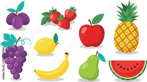 Fresh organic fruit collection with apple, banana, strawberry, pineapple, grapes, watermelon, pear, lemon, and plums isolated on white background for healthy nutrition.