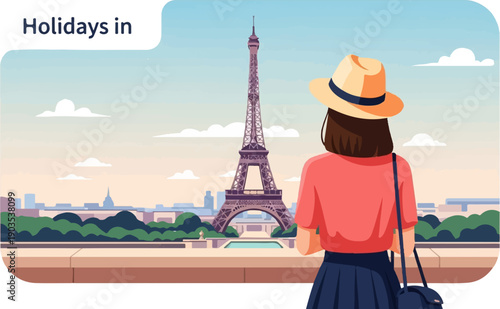 Woman in hat admires Eiffel Tower view in Paris during vacation