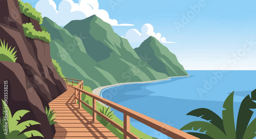 Wooden path along a lush green coastline and mountains overlooking blue ocean