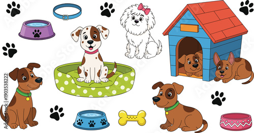 Cute cartoon dogs and puppy collection with doghouse, pet bed, bone, food bowls, and collar isolated on white background for veterinary care.