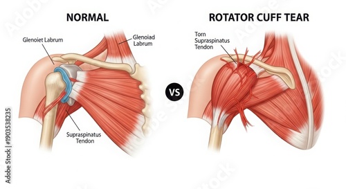 Comparison of normal shoulder anatomy and rotator cuff tear