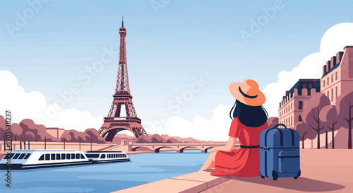 Woman in red dress and hat gazes at Eiffel Tower with suitcase by river