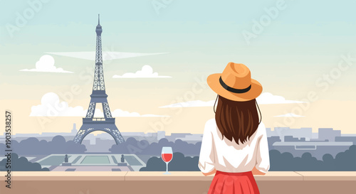 Woman in straw hat enjoying wine with Eiffel Tower view