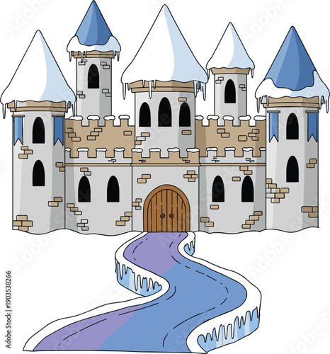 Medieval fantasy castle covered in white snow with blue towers and a winding icy road isolated on white background for winter fairytale.