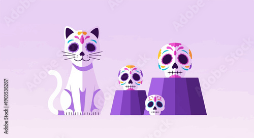 Whimsical white cat and colorful sugar skulls on purple pedestals, purple background